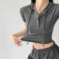 2022 sports style button hooded short sleeved t shirt womens summer tight fitting and slimming waist short