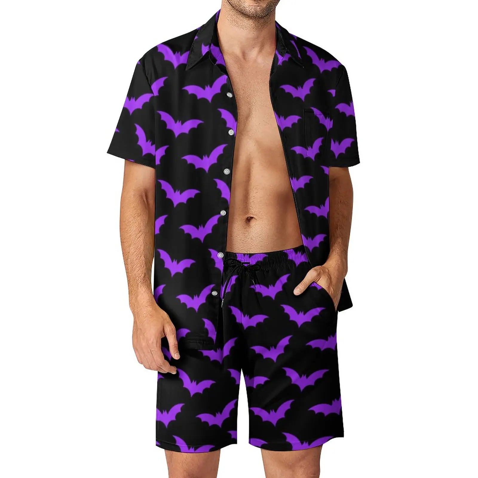 

Комплект мужской с принтом летучая мышь, повседневные шорты с рисунком на Хэллоуин, уличная рубашка для фитнеса, Модный Графический костюм с коротким рукавом, большой размер, фиолетовый цвет