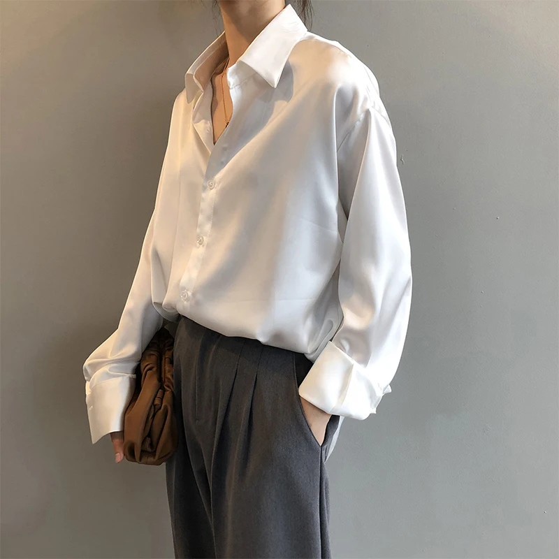 Elegant Satin Shirt Women Long-Sleeved Silk Vintage Office Ladies White Blouse Street Drape Fashion Casual Tops Autumn 2022