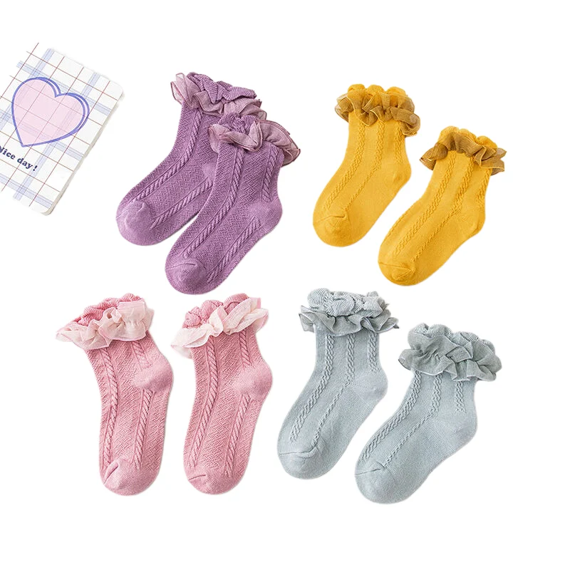 5 Pair 2023 Spring/Summer Double Layer Lace Mid tube Socks Thin Solid Color Socks for Boys and Girls