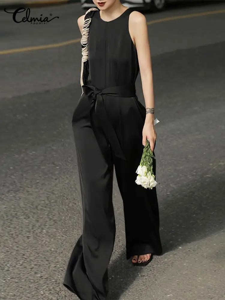 

Элегантный женский комбинезон Celmia коллекции 2023 года, Модный женский сатиновый комбинезон без рукавов с круглым вырезом и широкими штанинам...