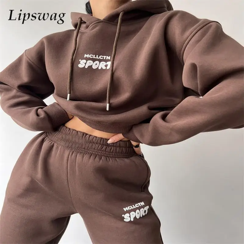 

Fashion Long Sleeve Tops Long Pants Two Piece Set Women Fleece Hooded Sweater Set Autumn Casual Ladies Letter Print Sport Suits