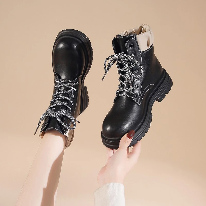

2022 Winter Shoes Women Ankle Boots Lace Up Leather Causal Shoes Platform women Boot Black Plush Warm Botas Mujer Sneaker