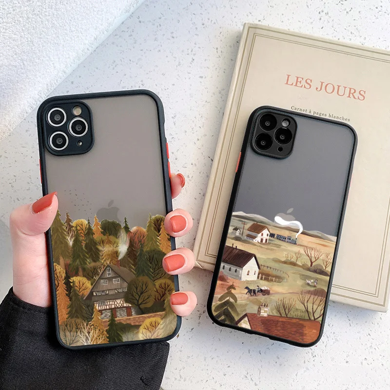 

Hand Painted Phone Case For iphone 12 13 11 Pro MAX X XS MAX XR Retro Rural Scenery Case Hard Back Cover For iPhone 7 8 Plus SE2