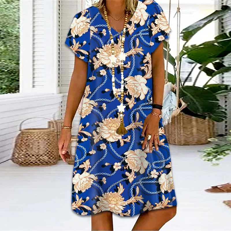 

Retro Elegant Floral Print Summer Short Dress Casual 2023 Short Sleeve V-neck Pullover Dresses Office Fashion Women Party Dress
