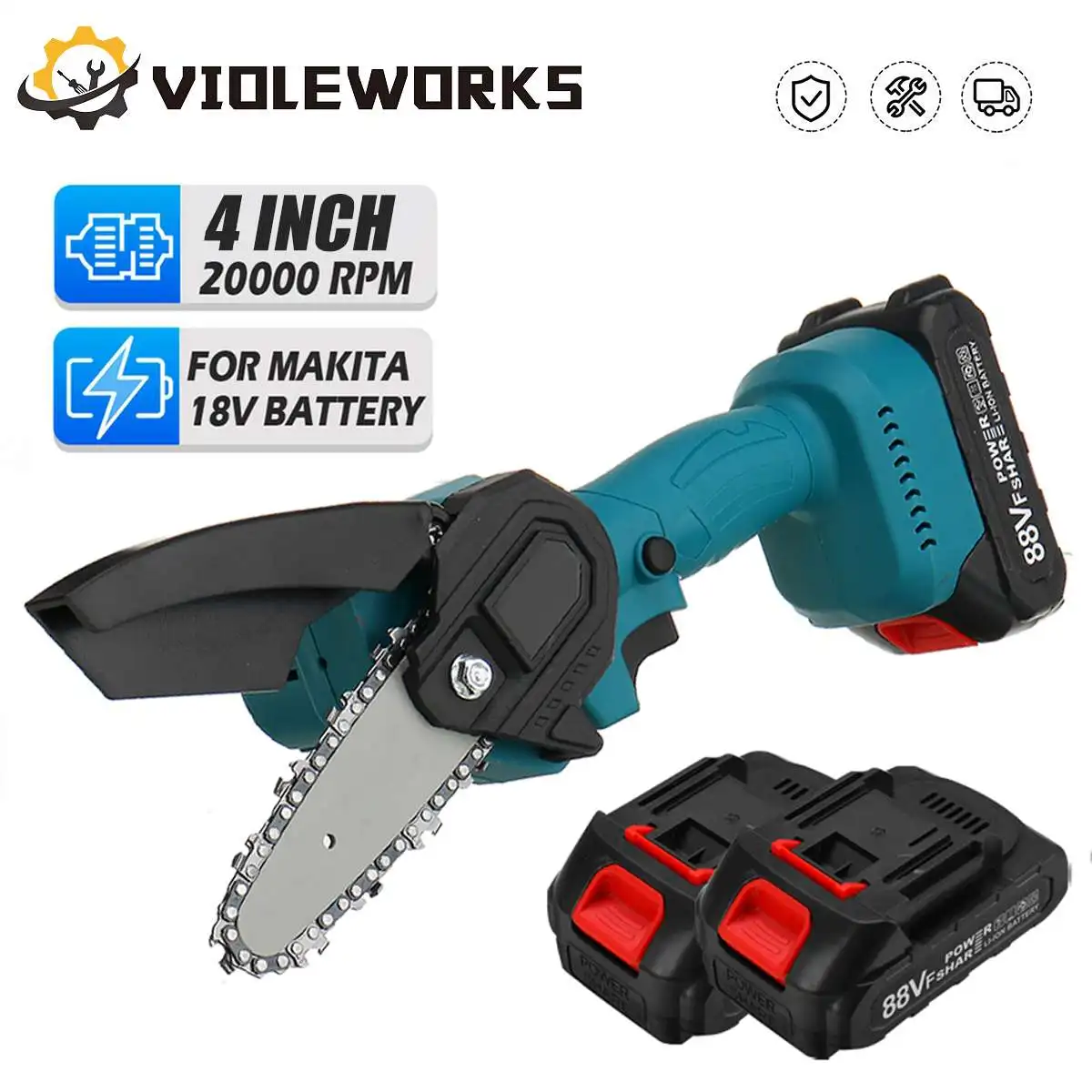 

VIOLEWORKS 1200W 4 Inch Electric Chain Saw Handheld Electric Saw For Makita 18V Battery Cordless Logging Orchard Electric Pruner