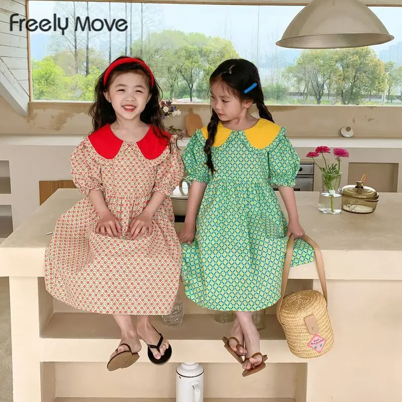 

Freely Move Summer Infant Baby Girls Short Sleeves Mesh Dress Colorful Dots Printing Peter Pan Collar Girls Dresses