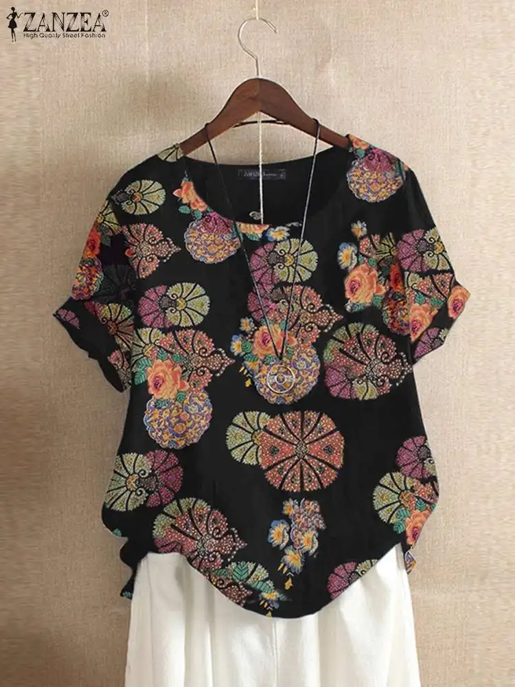 

Женская летняя винтажная блузка ZANZEA с цветочным принтом, круглым вырезом и коротким рукавом, блузы, богемная Повседневная элегантная свобо...