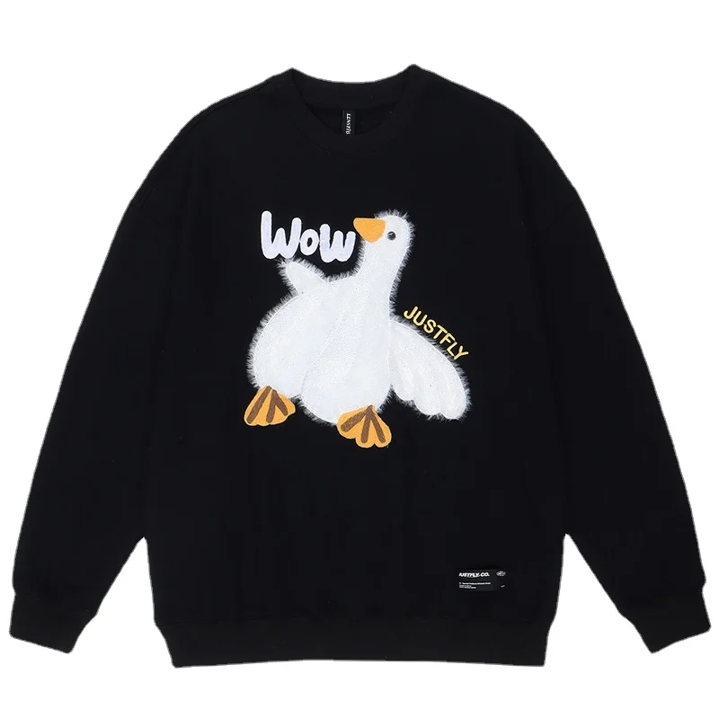 

Autumn Men Sweatshirts Hip Hop Cute Cartoon Duck Embroidery Pullover Hoodies 2022 Harajuku Streetwear Casual Cotton Sweat Shirts