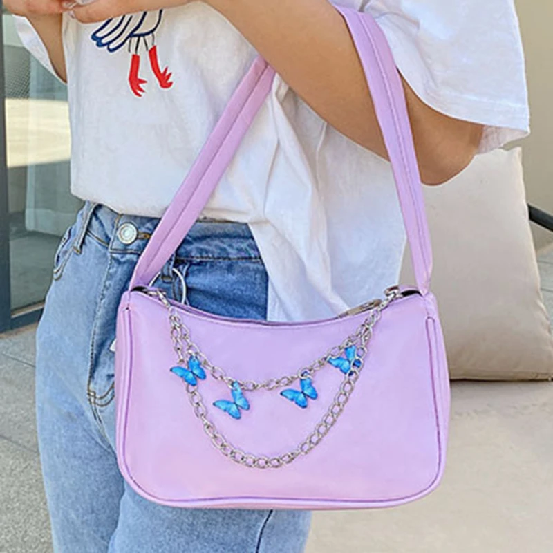 

Fashion Women PU Leather Small Shoulder Underarm Bag Ladies Vintage Butterfly Chain Pure Color Zipper Mini Hobos Purse Handbag