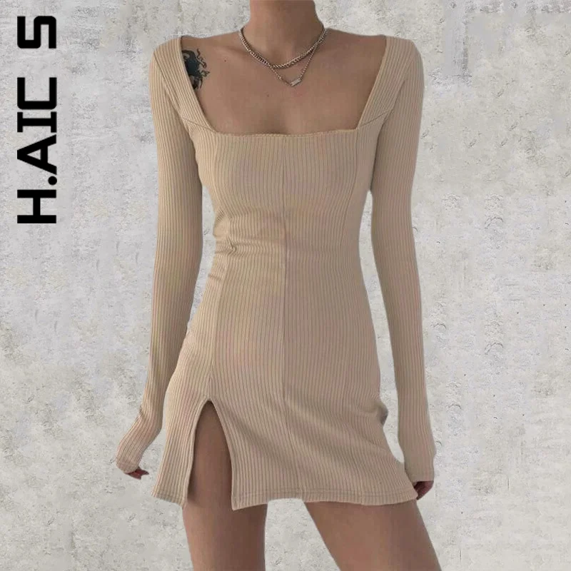 

H.Aic S New Dress Women Long Sleeve Ribbed Black Knitted Side Split Bodycon Dress Robe Stylish Vestidos Female Dress Woman