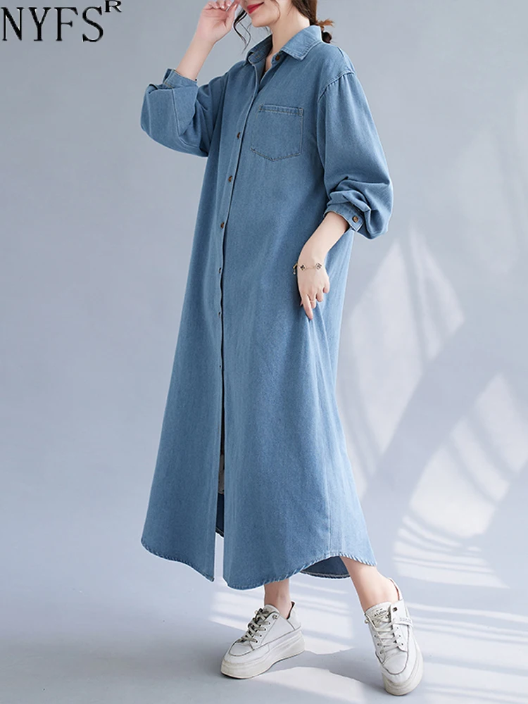

NYFS 2023 Autumn New Korea Woman Denim Dress Vestidos Robe Elbise Loose Plus Size Long Sleeve Solid Cardigan Shirt Dress