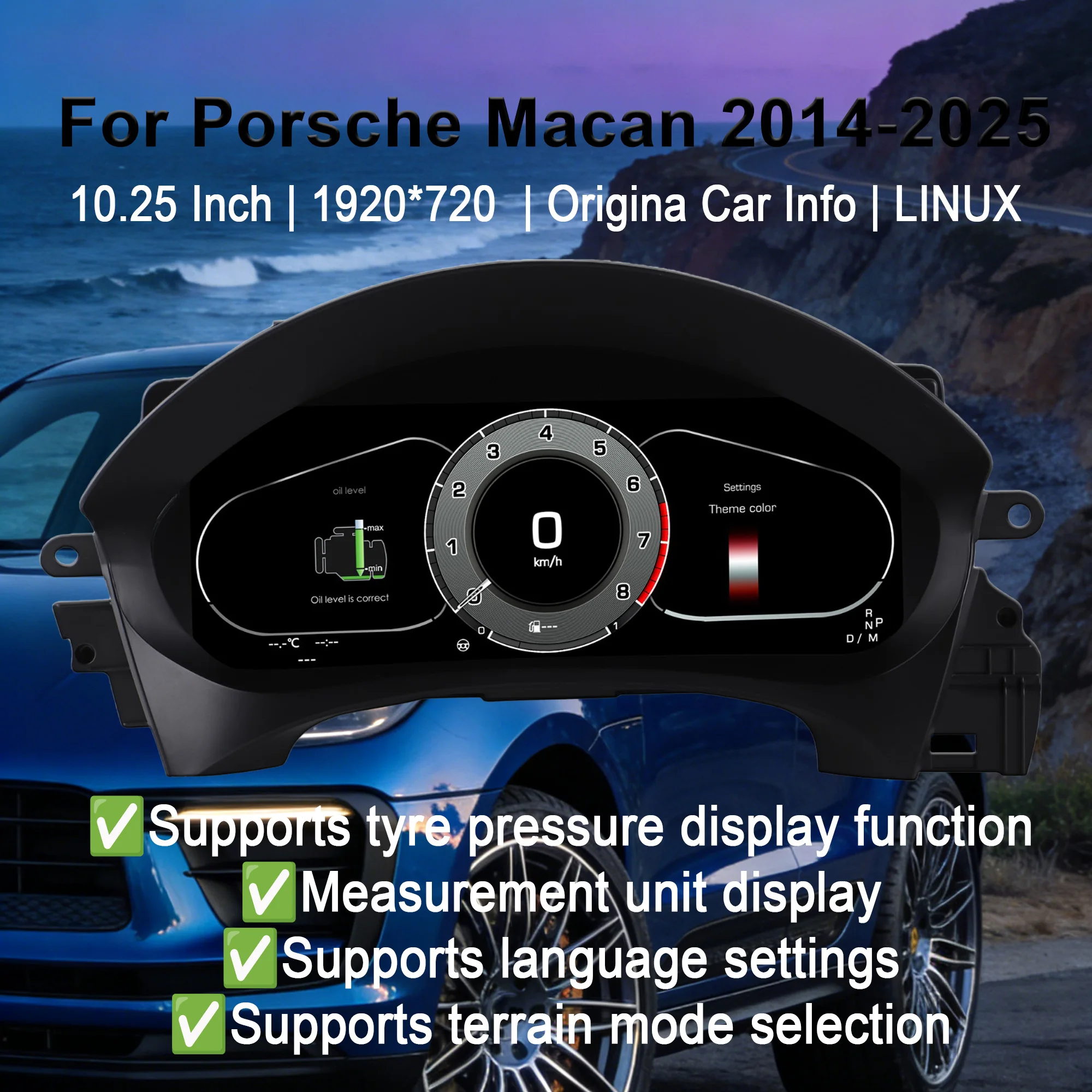 Фото Цифровая приборная панель для Porsche Macan 2014-2025 с беспроводным CarPlay, спидометром, дисплеем приборной панели, 10.25-дюймовым HD LCD-экраном виртуальной кабины №1