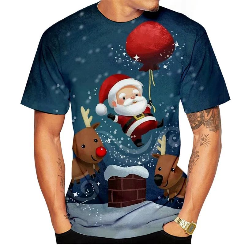 

Striped And Christmas Snowman Pattern Men's Fashion T-Shirts Street Short Sleeve 3D Christmas Style Male Tops Tee Plus Size 6XL