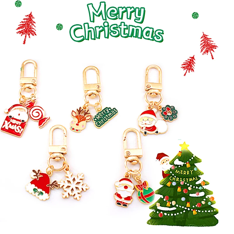 

Christmas Keychains For Women Men Mixed Colorful Enamel Santa Claus Elk Pendant Keyrings Car Handbag Pendants Key Holders Gift