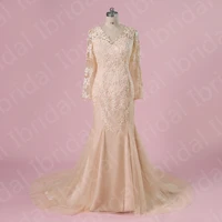 charming champagne mother dresses lace wedding party gowns long sleeves v neckline mother of the groom dresses mermaid