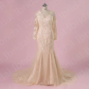 Charming Champagne Mother Dresses Lace Wedding Party Gowns Long Sleeves V Neckline Mother of the Gro in Pakistan