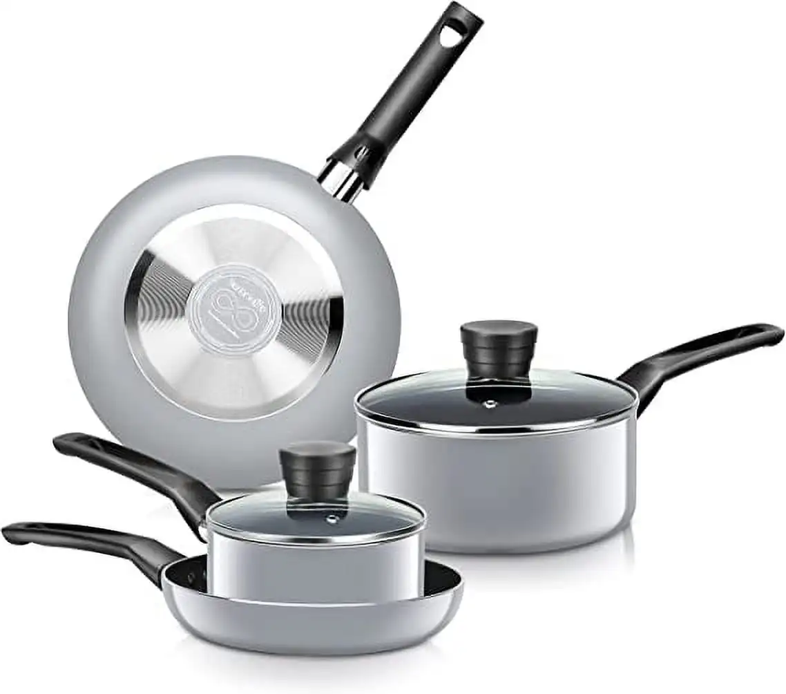 

6-Piece Set Pots & Pans Basic Kitchen Cookware, Black Non-Stick Coating Inside, Gray