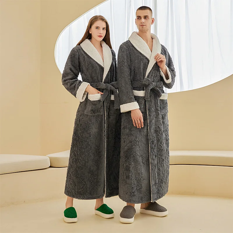 Couple Grey Flannel Jacquard Bathrobe Winter Warm Kimono Bath Robe Home Sleepwear Dressing Gown