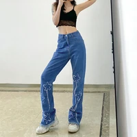 washed star patch oversized flared jeans women fashion street clothing retro high waist baggy denim trousers y2k raw edge