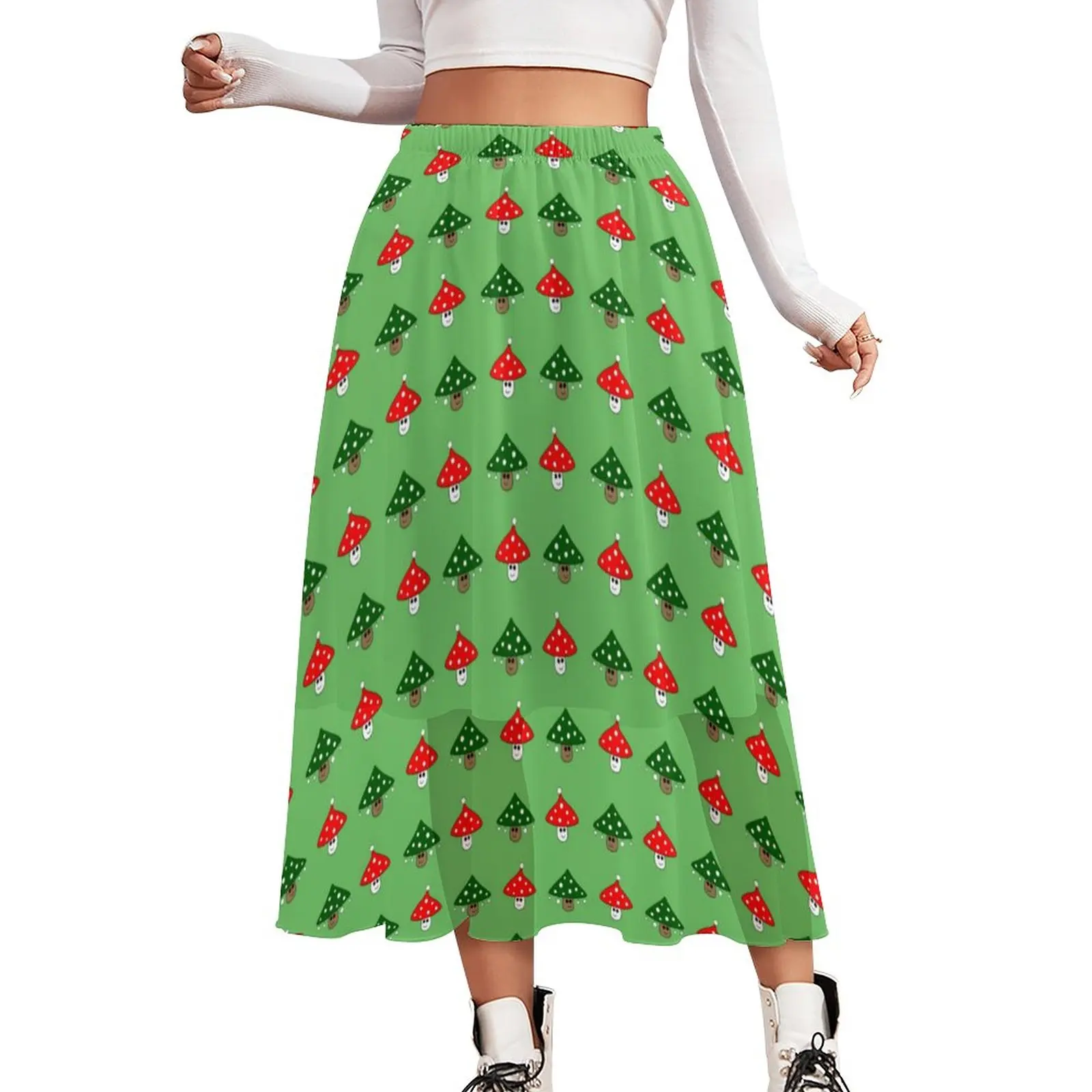 

Green Festive Mushrooms Chiffon Skirt Cute Mushroom Print Streetwear Long Skirts Female Beach A-line Skirt Graphic Clothes Gift