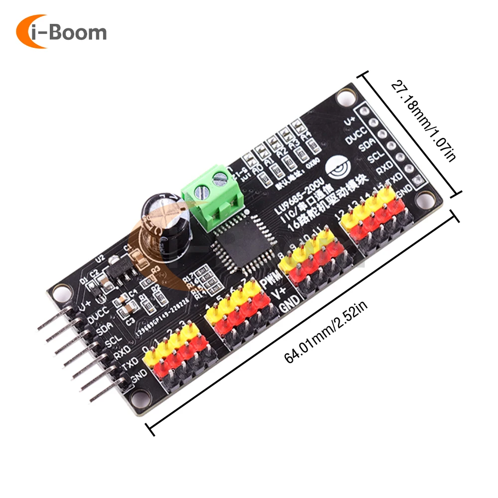 

LU9685 16 Channel PWM Servo Driver Board IIC Interface LU9685 Module Controller for Ar-duino Robot or Rasspberry pi