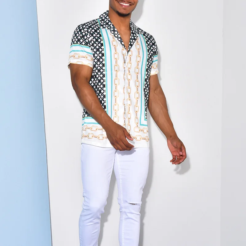 Men's Shirt Summer Fashion Loose Print Cardigan Shirt Men's Casual Short Sleeve Single-Breasted Turn-down Collar Shirt Top