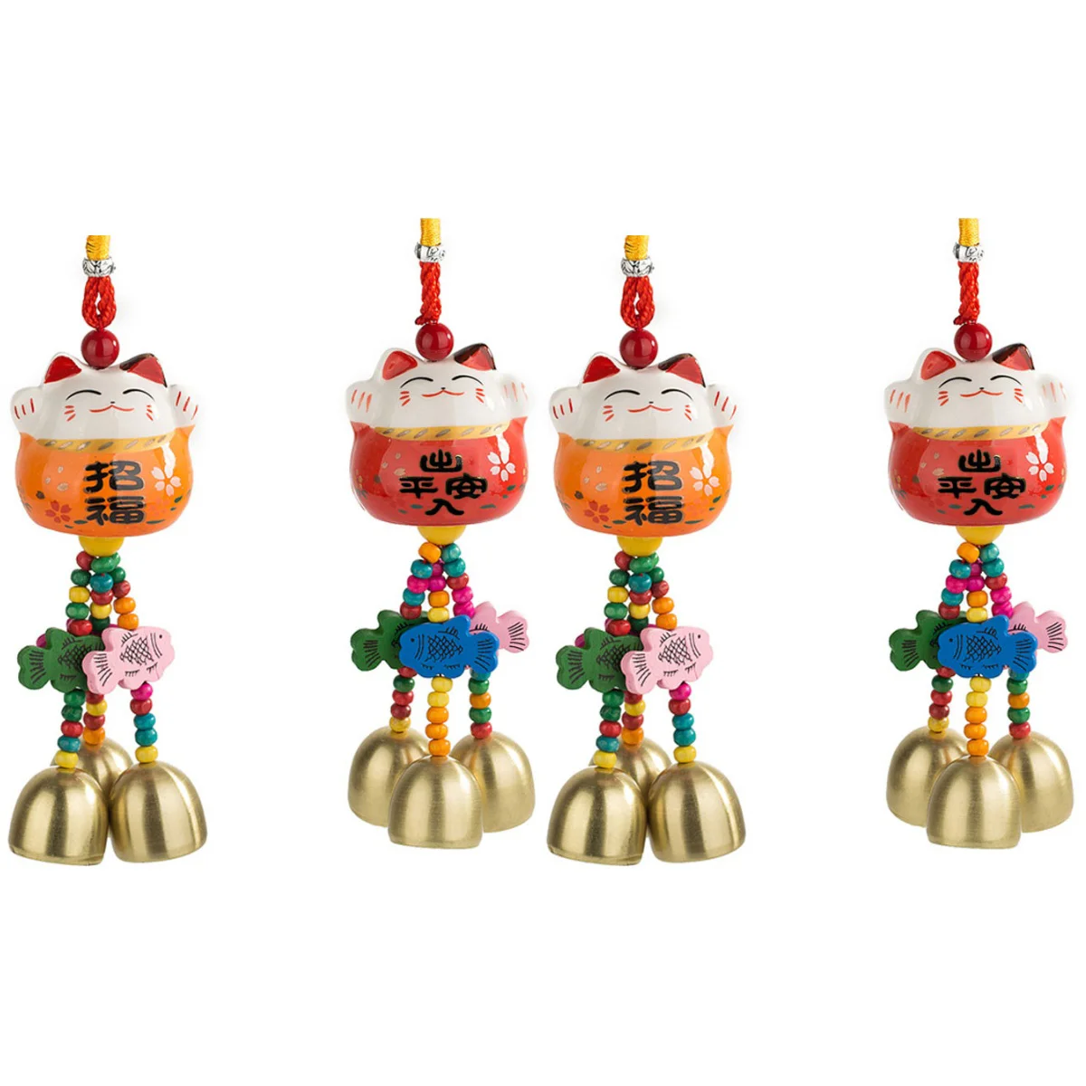 

4 Fortune Cat Pendants Hanging Wind Chimes Aeolian Bells Household Ceramic Pendant for Home Garden Hallway (Red+ Orange)