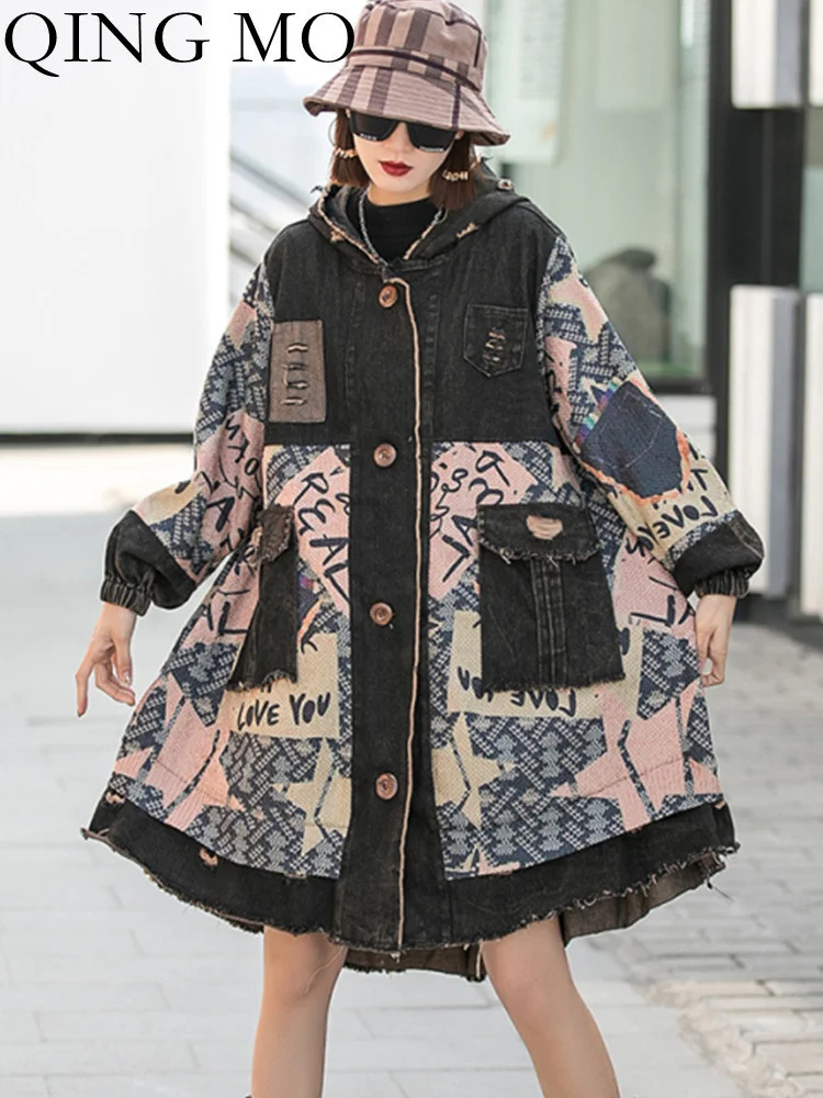 

QING MO Fashionable Large Medium Long Lapel Long Sleeve Knitted Printed Denim Cardigan Coat For Women 2023 Spring Autumn ZXF750