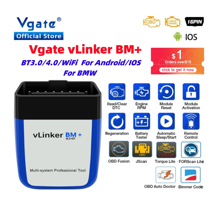 Автомобильный диагностический сканер Vgate vLinker BM ELM327, Wi-Fi, Bluetooth 4,0, OBD2, OBD 2