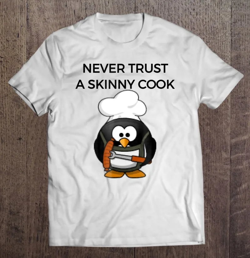 

Забавная Мужская футболка с надписью «Never Trust A Slim Cook», пухлый Пингвин, шеф-повар, аниме футболка для мальчиков, Аниме футболки большого разме...