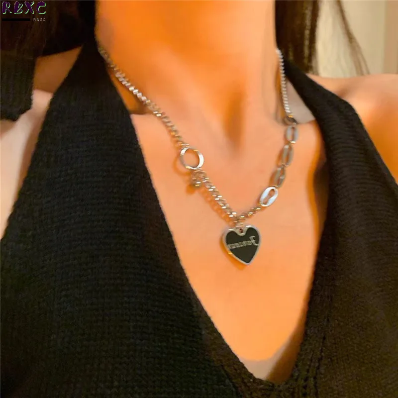 

Black Love Letter Pendant Necklace Women's Trendy Titanium Steel Sweet Cool Style Hip Hop with Collar Chain