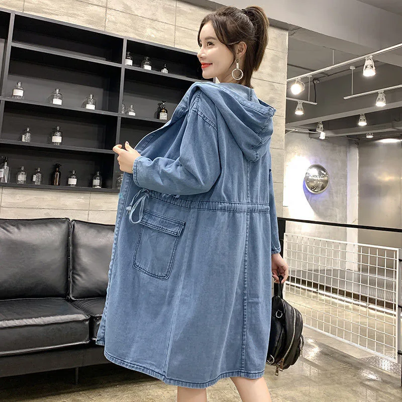 

2023 Spring Autumn Drawstring Hooded Coat Women Casual All-Match Mid-Length Denim Jackets Woman Korean Oversized Loose Jacket