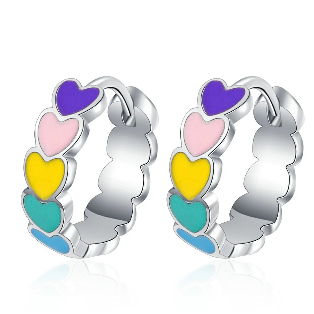

Silver Color Hoop Earrings For Girl Women Rainbow Heart Dangle Enamel Eardrop Hypoallergenic Piercing Ear Studs Jewelry