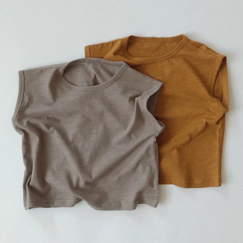 Летняя майка для младенцев и детей однотонная хлопковая футболка без рукавов
