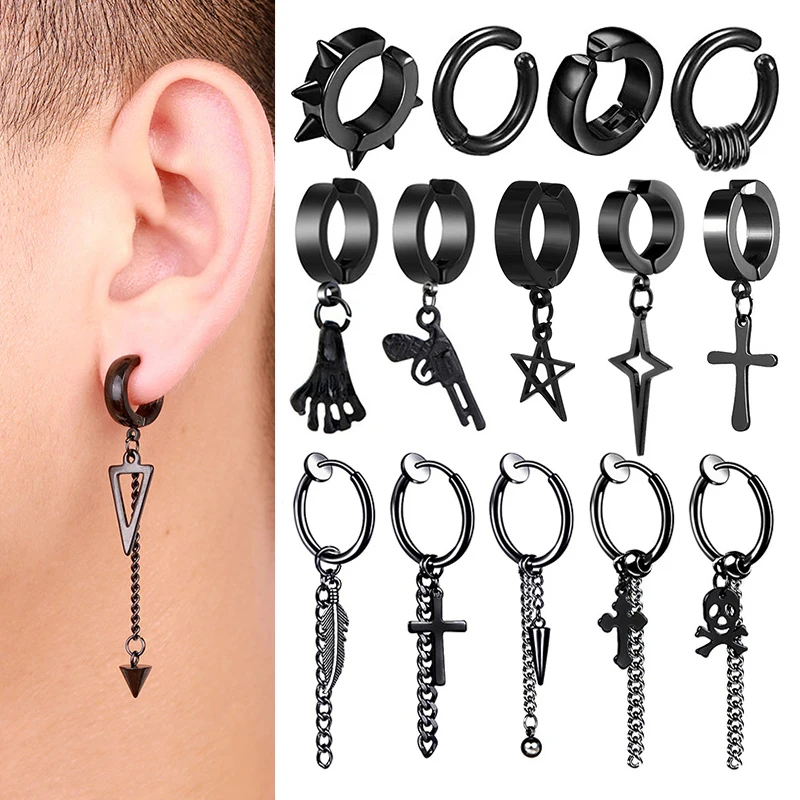 

1 Piece Black Gothic Non Pierced Painless Ear Clip Earrings For Women Men Stainless Steel Fake Earrings Punk Pop Jewelry
