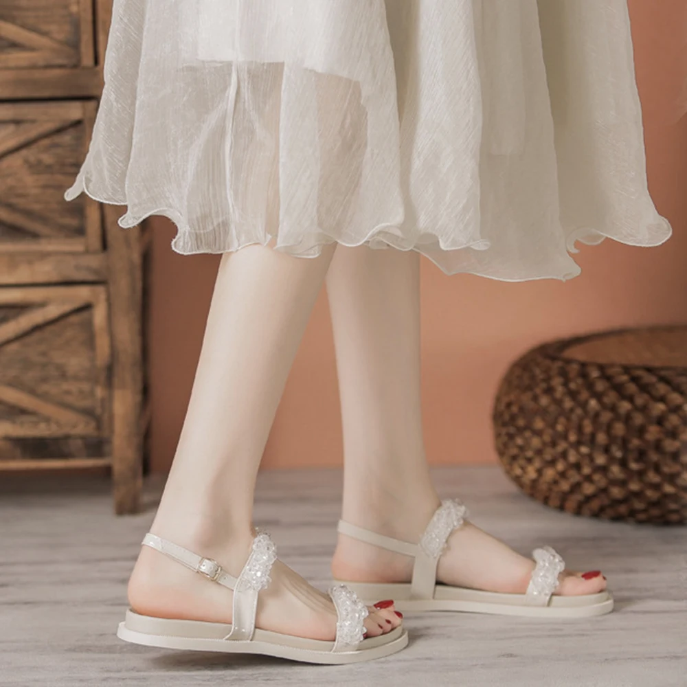Sandals Women's 2022 Summer New Handmade Pearl Flower Crystal Sandals Flat Simple Buckle Student Soft Bottom Fairy Shoes
