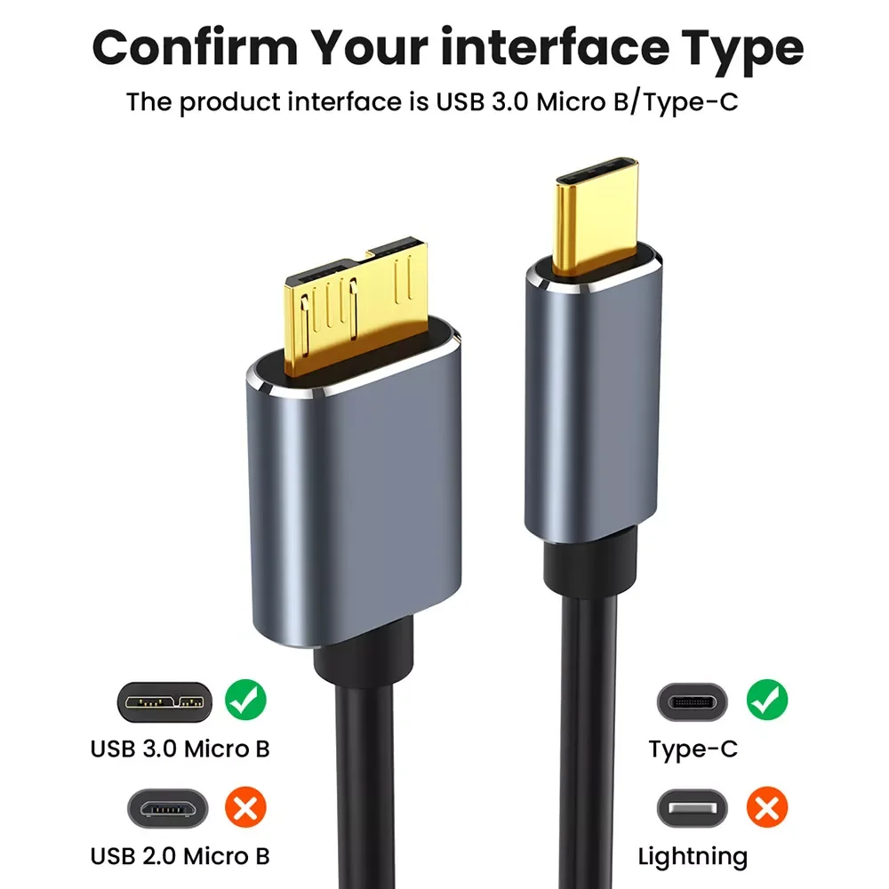 

USB 3.0 Type-C to Micro B Cable 5Gbps External Hard Drive Disk Cord 0.5m/1m/1.5m/2m Full-Duplex Data Transmission HDD Cable