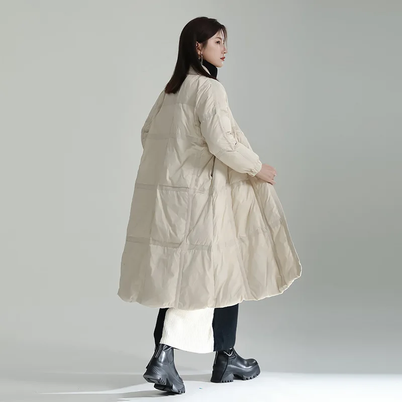 2022 Winter Design Sense Long Knee-Length White Duck Down Coat V-Neck Silhouette Down Jacket