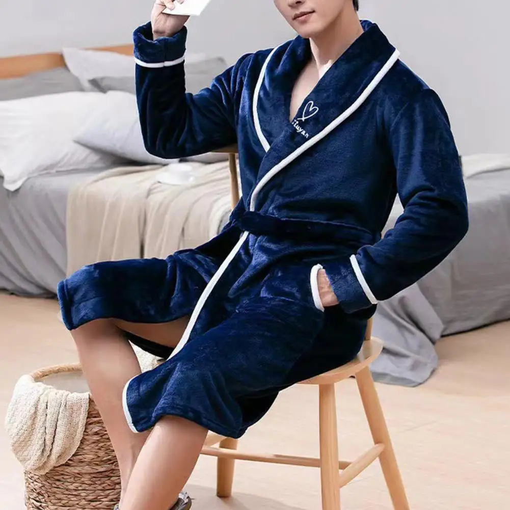 

Men Bathrobe Soft Open Stitch Pockets Long Sleeves Winter Bathrobe for Home Bathrobe Bathrobe