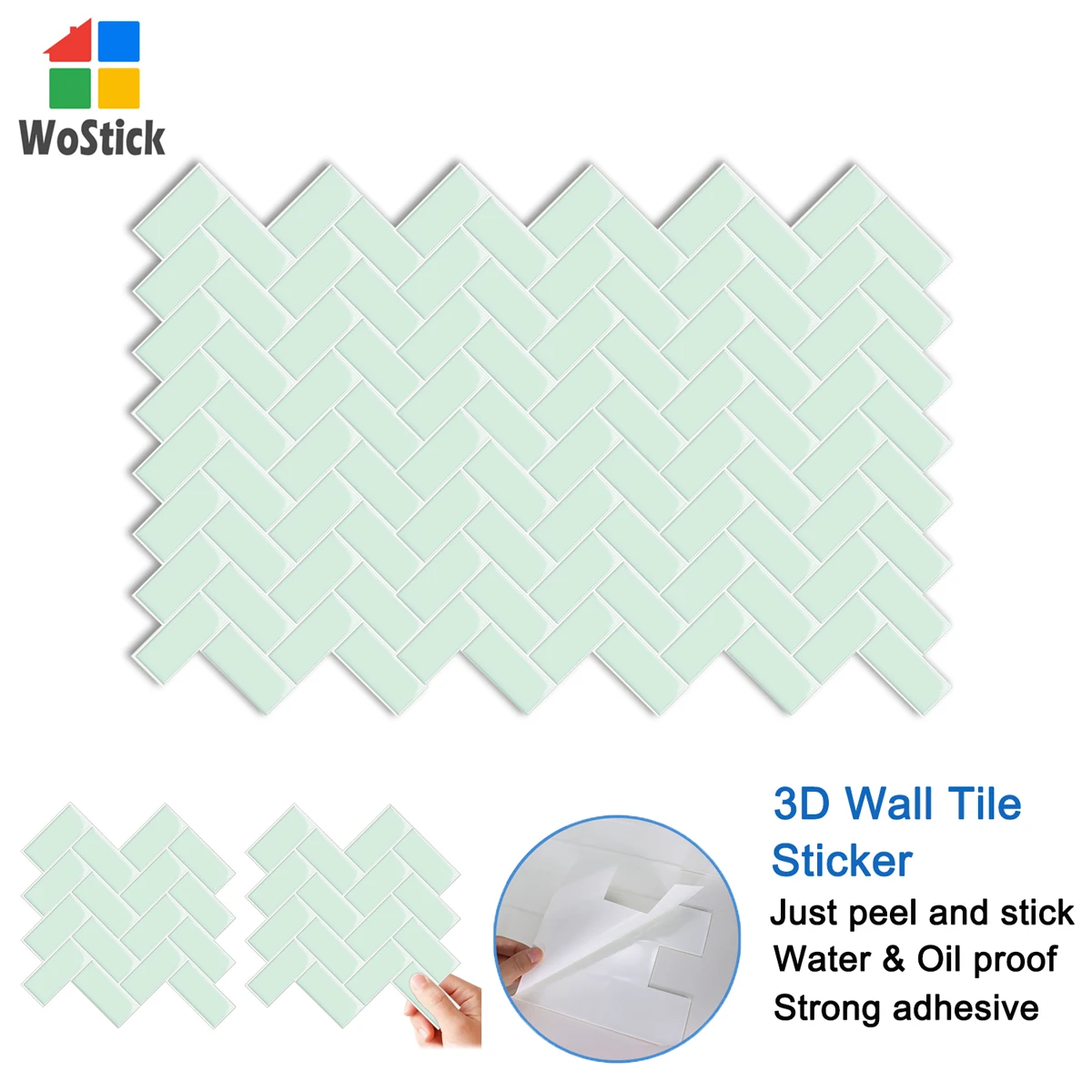 

Light Green 3D Herringbone Design Wall Tile Stickers Peel and Stick Backspalsh Tile DIY Home Deoration Wallpaper Waterproof