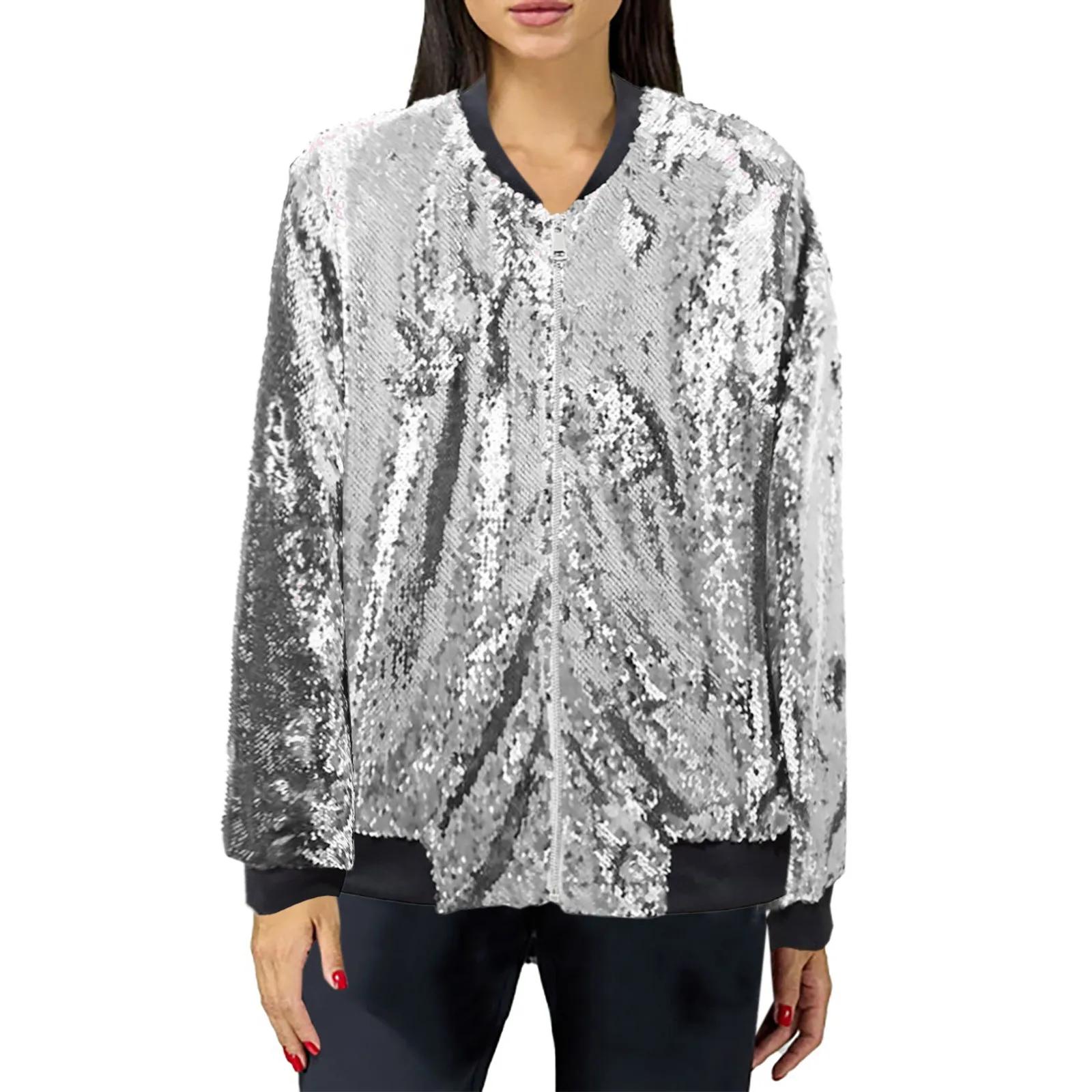 

Women Plus Size Loose Sequin Baseball Jacket Casual Long Sleeve Glitter Party Shiny Lapel Coat Rave Outerwear Pizza Jacket