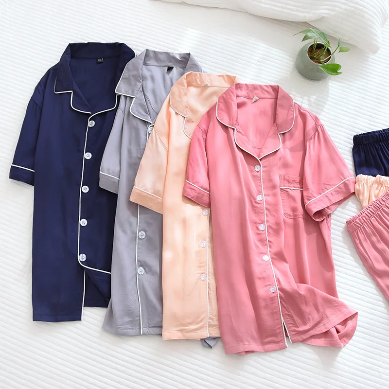 

Womens Short Sleeve Pajamas Thin Loose Housewear Couple Turn-down Collar Solid Viscose Men Pijamas Satin Loungewear 2 Piece Set