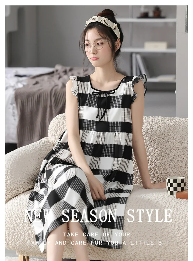 Women's Cotton Pajamas Summer round Neck Short-Sleeved Suspender Skirt Outerwear Homewear Suit