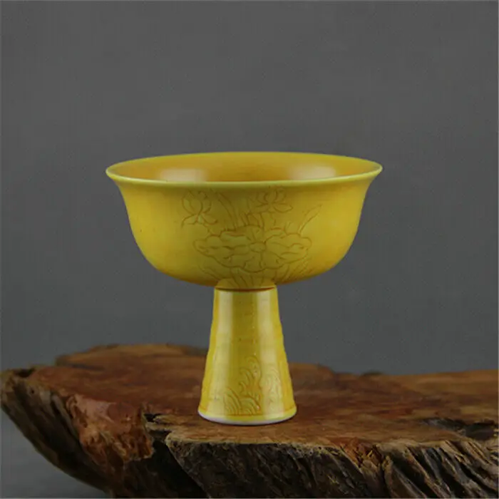 

Chinese Ming Hongzhi Yellow Glaze Porcelain Carved Lotus Goblet Liquor Cup 3.74"