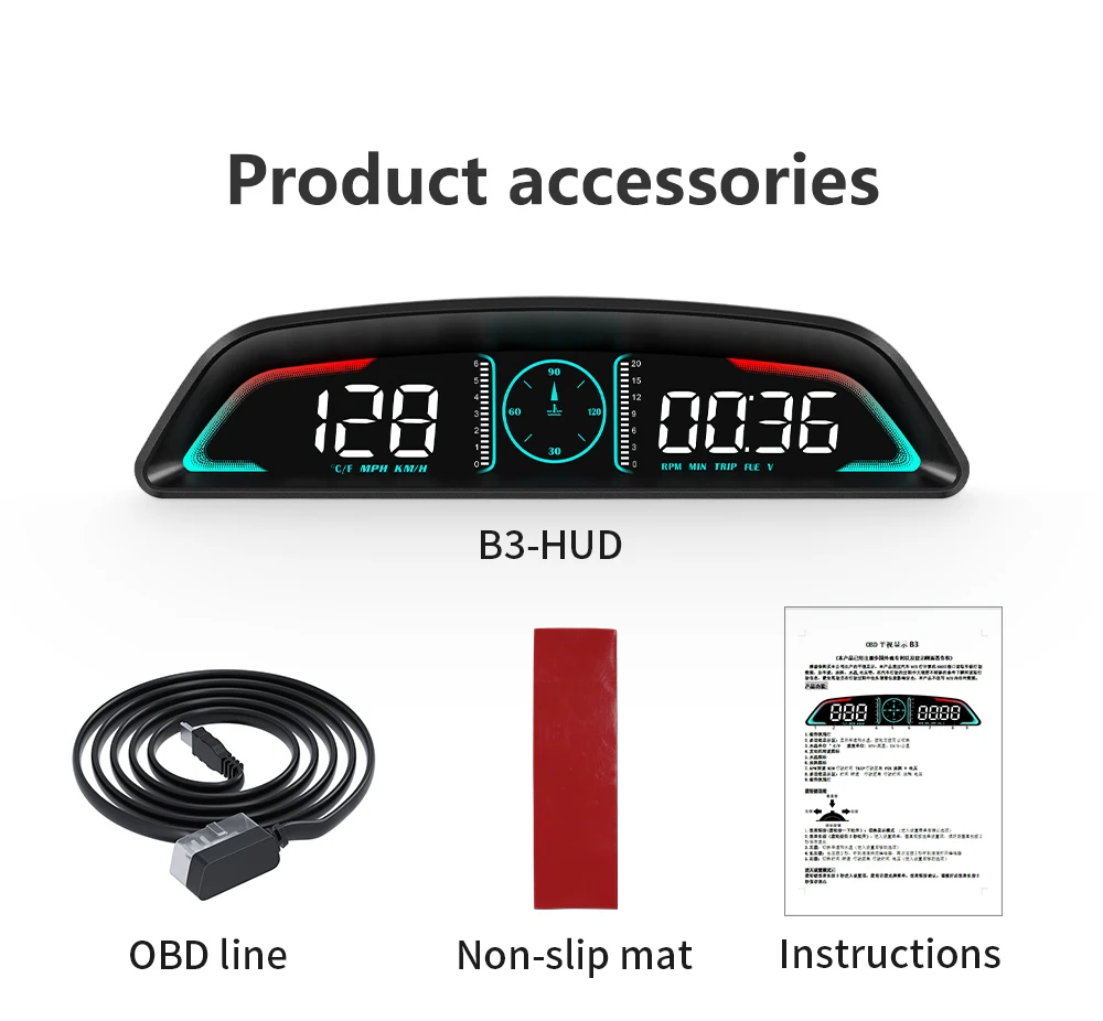 

B3 Проекционный дисплей OBD2 Smart Car HUD Цифровой спидометр Охранная сигнализация Об/мин Температура воды Тахометр Часы Автомобильный заказ