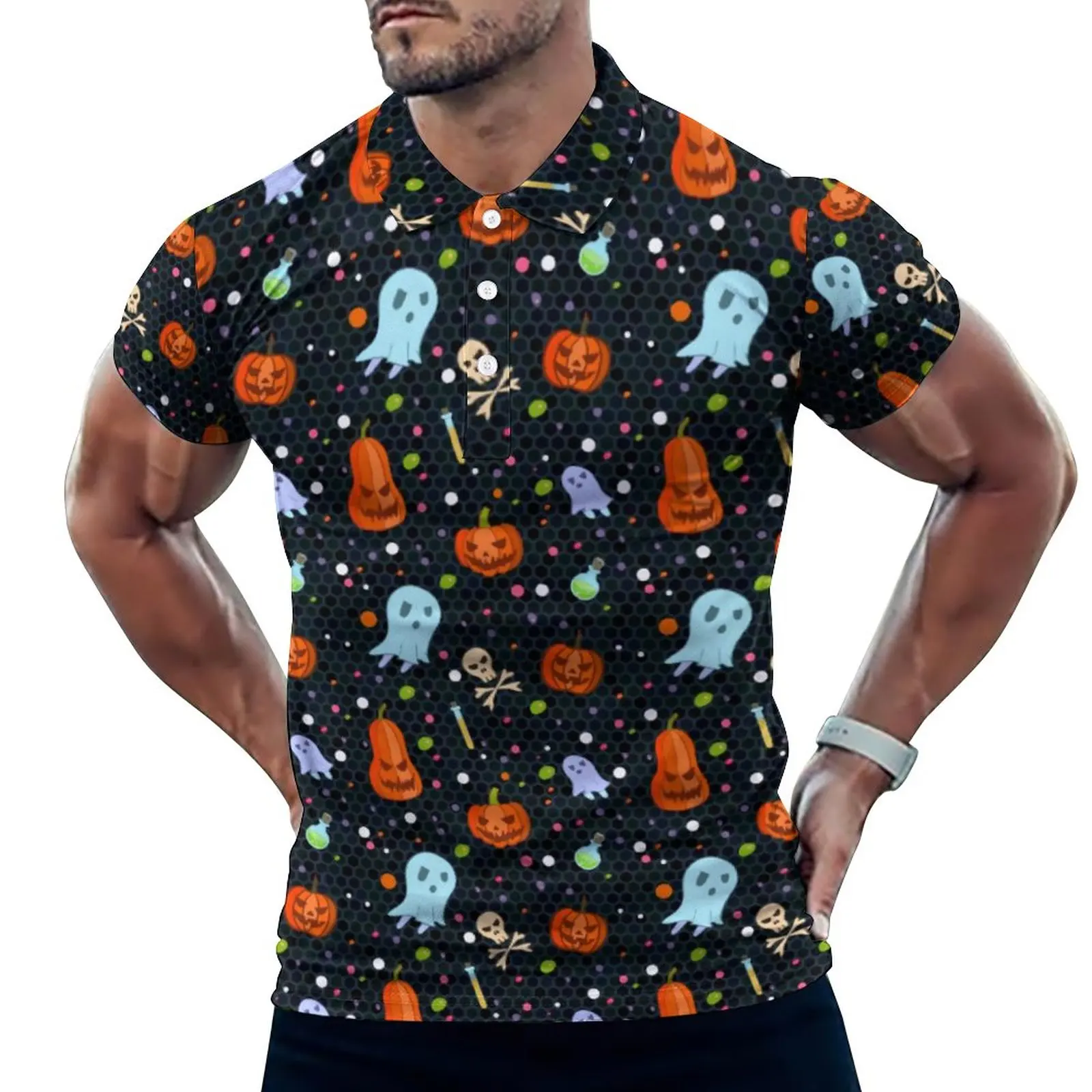 

Повседневные рубашки-поло с принтом на Хэллоуин, футболки с призраками и тыквой, рубашка с коротким рукавом на заказ, топы большого размера ...