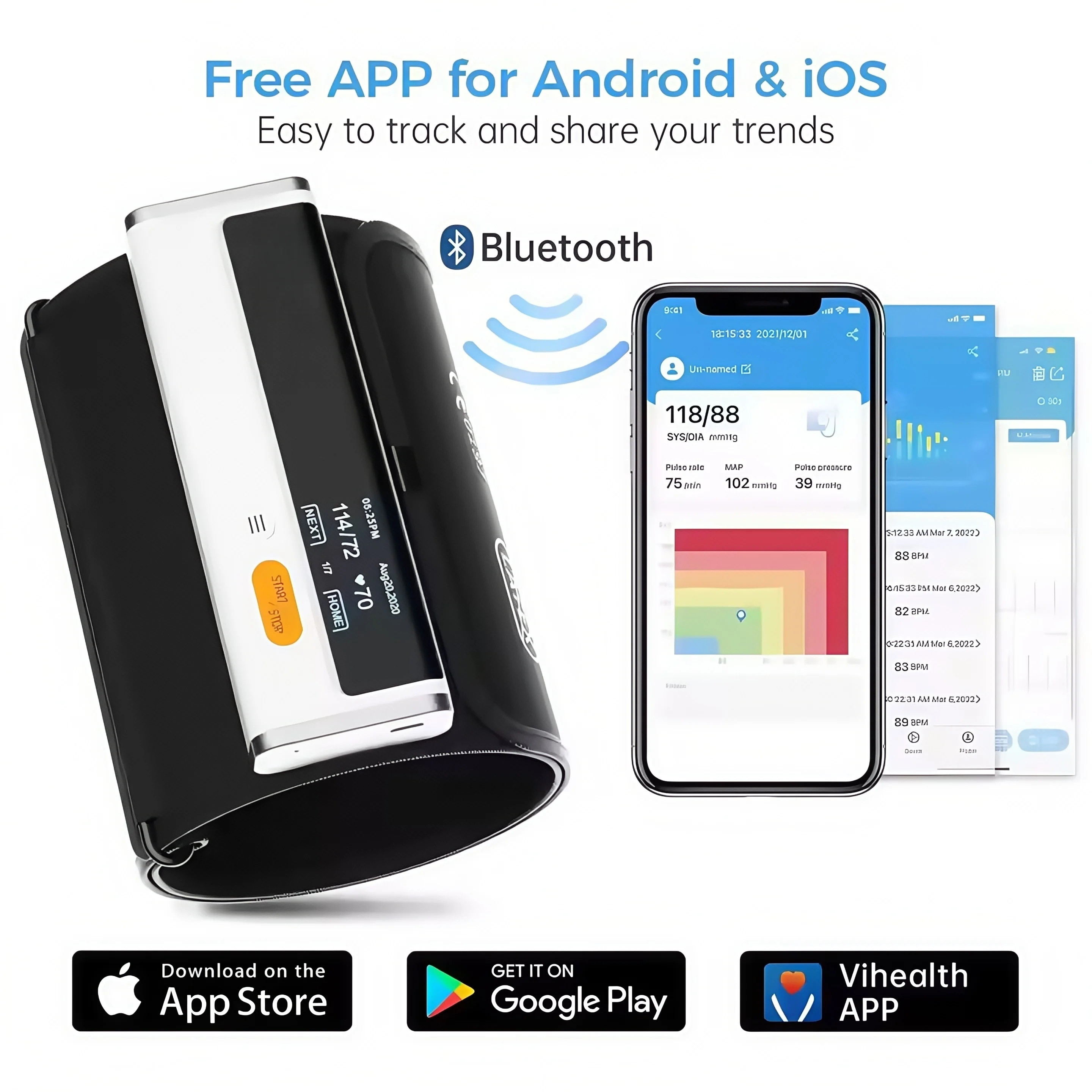 Фото Bluetooth-монитор артериального давления на плечо, зарядка через USB, цифровой монитор сердечного ритма BP2, портативный медицинский монитор артериального давления №1