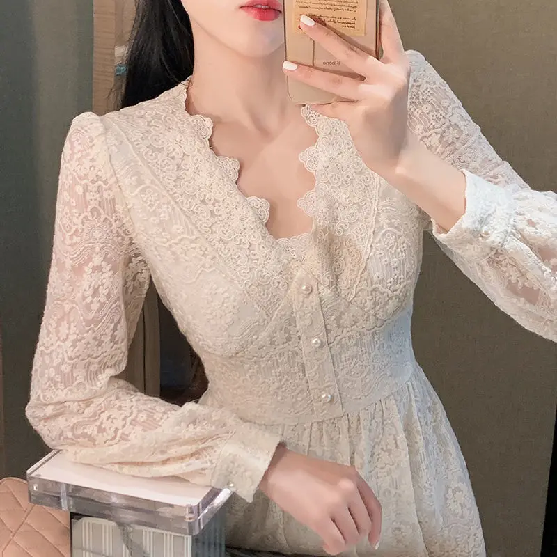 

Solid Elegant Fairy Dress Women French Lace Designer Midi Dress Female Office Lady Japanese Style Korean Party Dress Women 2021