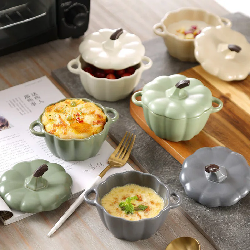 

250ml Pumpkin Shape Ceramic Bowl with Lid Salad Cereal Bowl Glaze Soup Porridge Bakeware Oven Party Baking Pan Kitchen Tableware